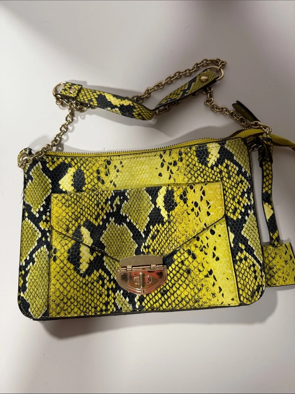 Yellow Snake-Print Crossbody Bag with Gold Hardware